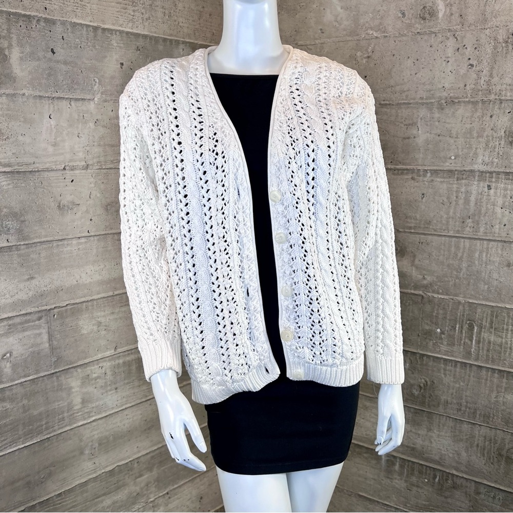 White Openwork Heavyweight Button-Front Knit Cardigan Petite Medium by Lizsport